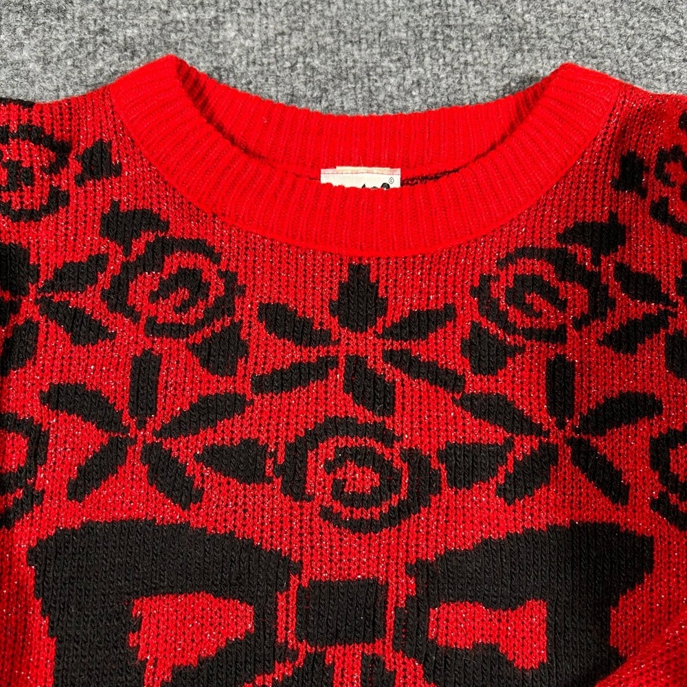 Body by Red Sweater Womens Size L Red Black Bow Floral Glitter USA Vintage Lurex
